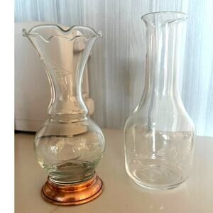 Vintage Princess House set of 2 etched glass bud vase copper base ruffled rim